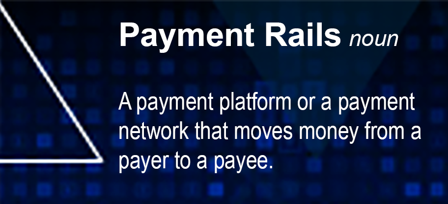 A blue background has white text which reads: 'Payment Rails (noun). A payment platform or a payment network that moves money from a payer to a payee.'