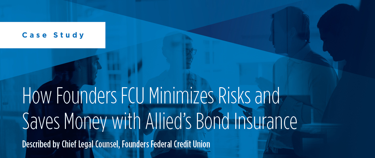 Three coworkers having a discussion in the office, with text reading "Case Study. Founders Federal Credit Union".