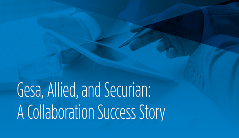 Person on tablet while peer is pointing to the screen with a pen, with text reading ""Gesa, Allied, and Securian: A Collaboration Success Story".