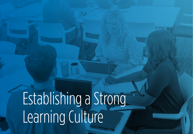 An image of people collaborating at a work desk, with text reading "Establishing a Strong Learning Culture"