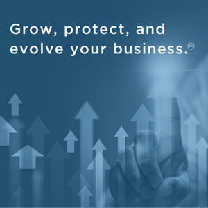 A series of blue arrows point up for growth in a business. The caption reads an Allied Solutions slogan: "Grow, protect, and evolve your business."