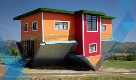 colorful, two story house upside down