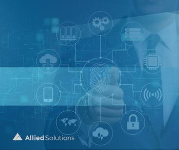 Image of digital authentication using an individual's thumb print, with text reading in right hand corner, "Allied Solution" beside logo.