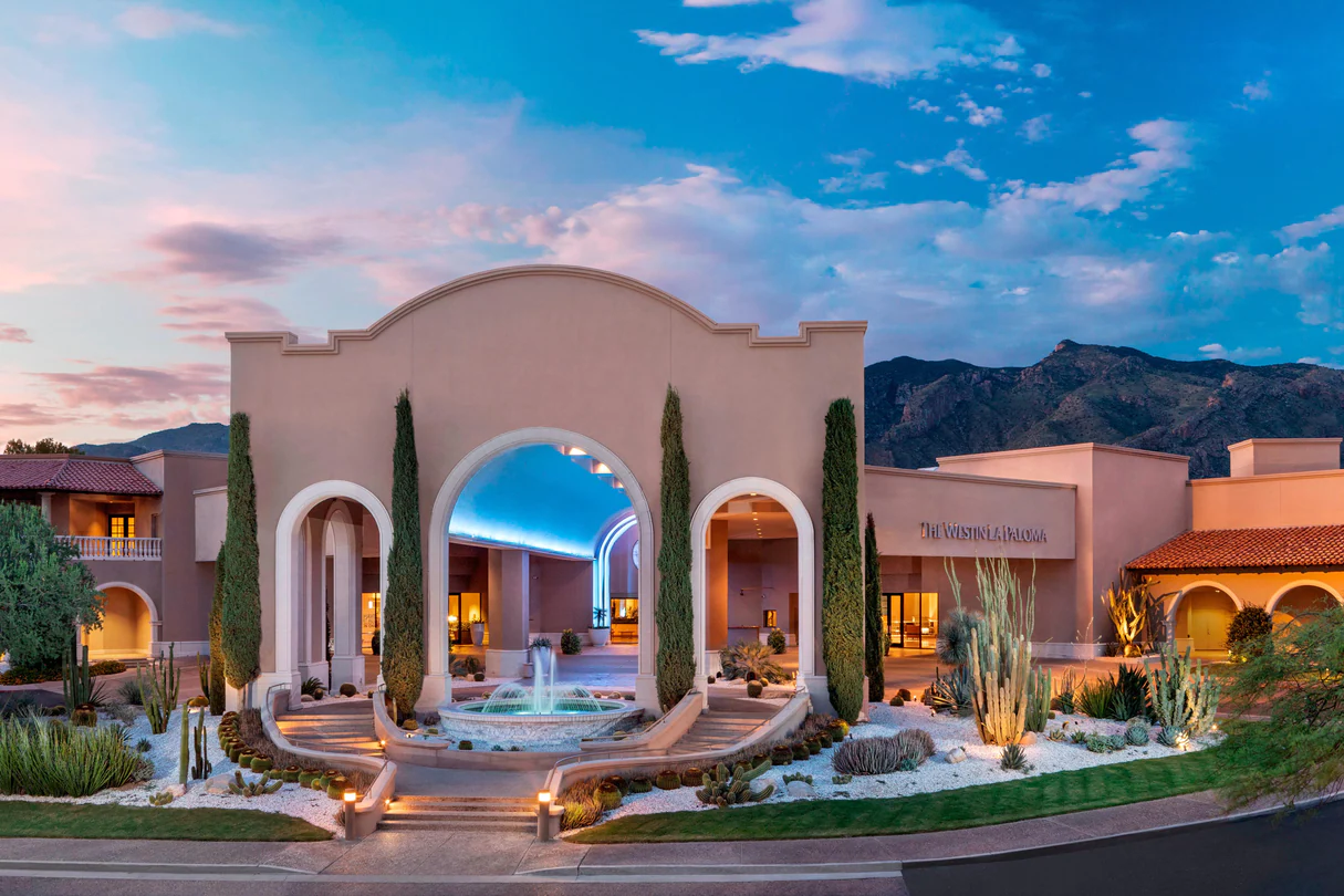 View of the entrance to the Westin La Paloma Resort and Spa in Tucson, AZ on an evening's setting sun